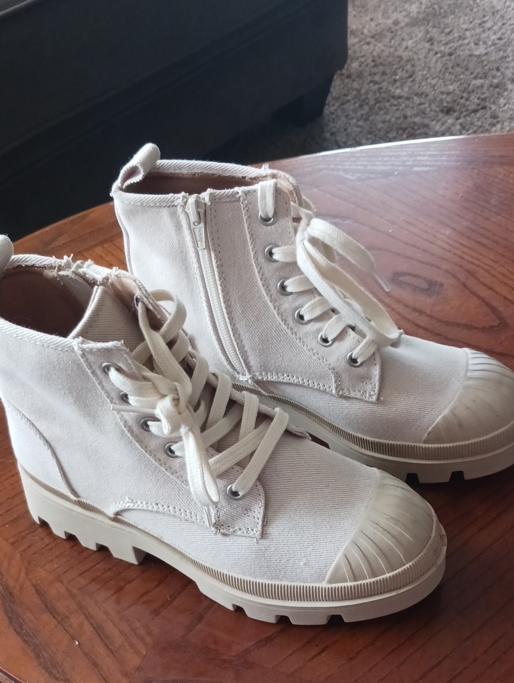 Canvas High-Top Lace-Up Boots in Off-White